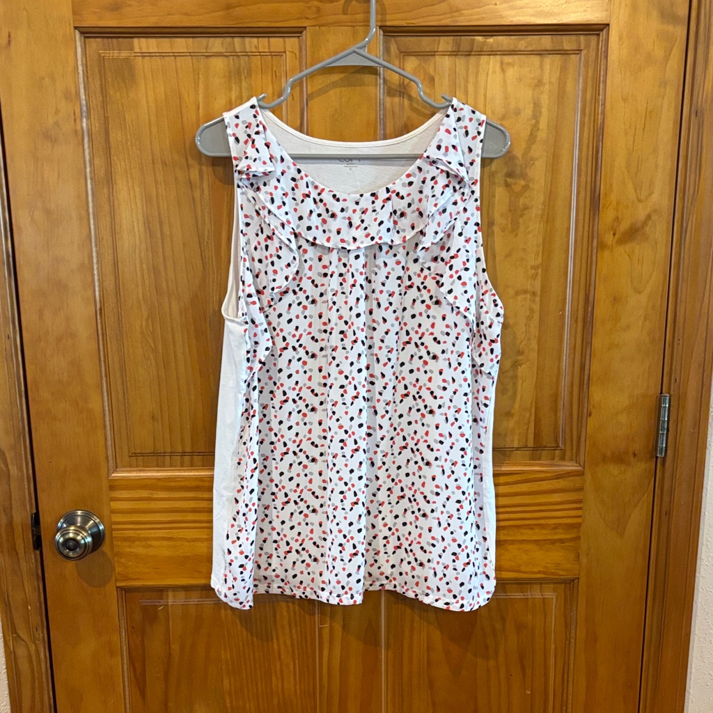 Loft White Sleeveless Ruffle Tank With Red & Black Dot Print